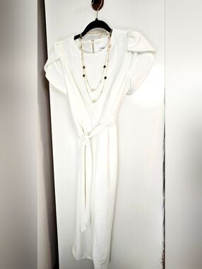 Calvin Klein White Jumpsuit Tie Waist Ruffle Sleeve Minimalist Elegant Event